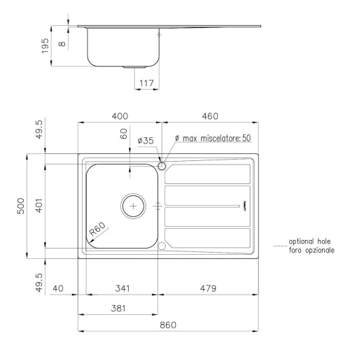Foster Elettra 1Vsx+Sc B8 Inox - 5186062 Lavello Sopratop | Acciaio inox AISI 304 satinato, Dimensioni 860 x 500