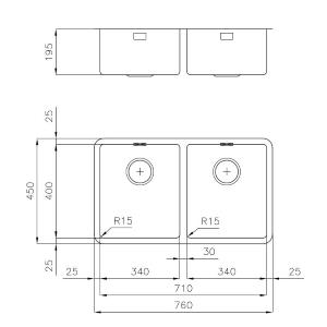 Foster Ke 2V 34X40 Tpr S/Top - 2203850 Lavello Sovrapposto | Acciaio inox AISI 304 satinato, Piletta 3½, Acciaio inox, Finitura satinata