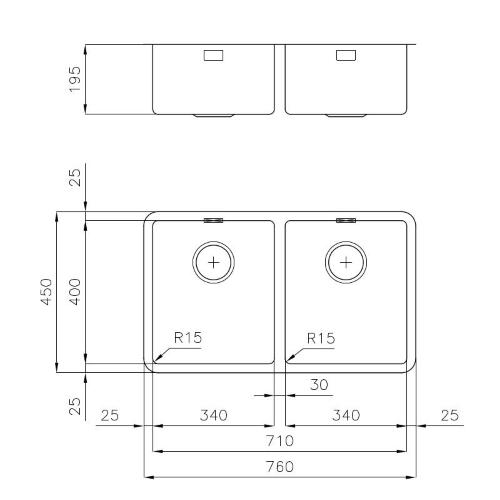 Foster Ke 2V 34X40 Tpr S/Top - 2203850 Lavello Sovrapposto | Acciaio inox AISI 304 satinato, Piletta 3½, Acciaio inox, Finitura satinata