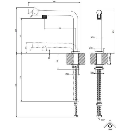 Gessi SU&GIU Sottofinestra Copper Brushed PVD - 60071#708 Miscelatore Lavello | Rame Spazzolato Pvd, Canna abbattibile sottofinestra, Altezza ridotta sottofinestra